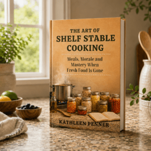 Art of Shelf Stable Cooking book mockup on a textured kitchen countertop with pantry ingredients, natural light, fresh lemons, greenery, and rustic kitchen styling by Kathleen Penner.