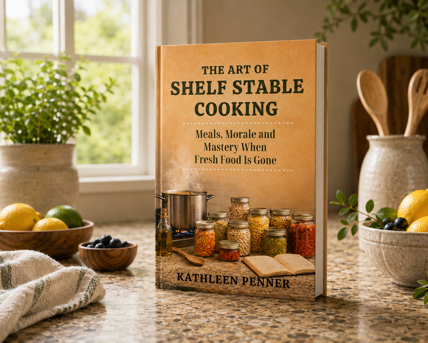 Art of Shelf Stable Cooking book mockup on a textured kitchen countertop with pantry ingredients, natural light, fresh lemons, greenery, and rustic kitchen styling by Kathleen Penner.