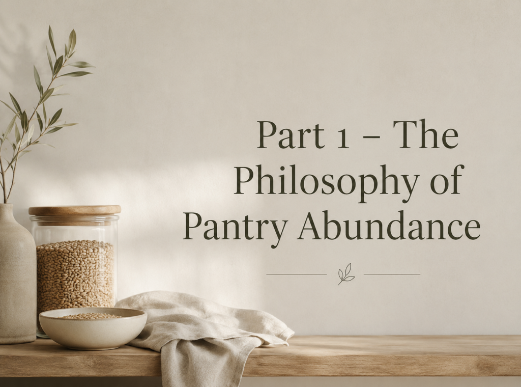 Warm pantry shelves with simple kitchen staples, linen textures, and soft natural lighting representing organized shelf stable living and practical home cooking.
