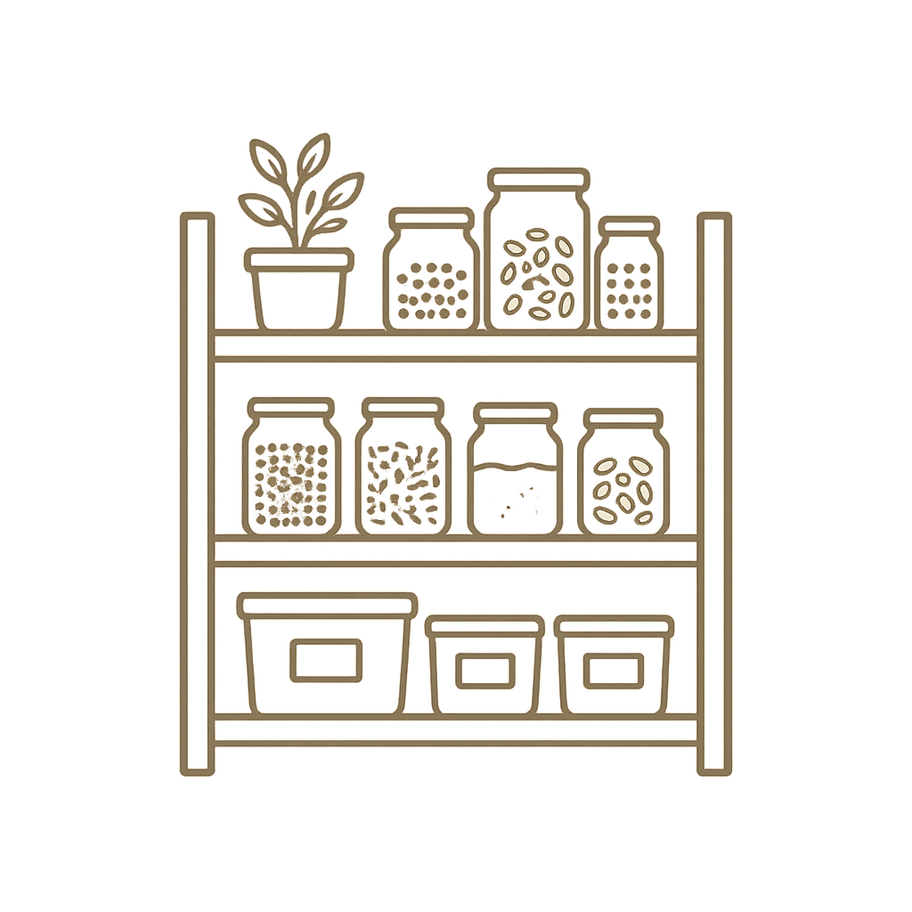 Minimal cream line icon of an organized pantry shelf with jars and storage containers representing pantry systems and food storage.