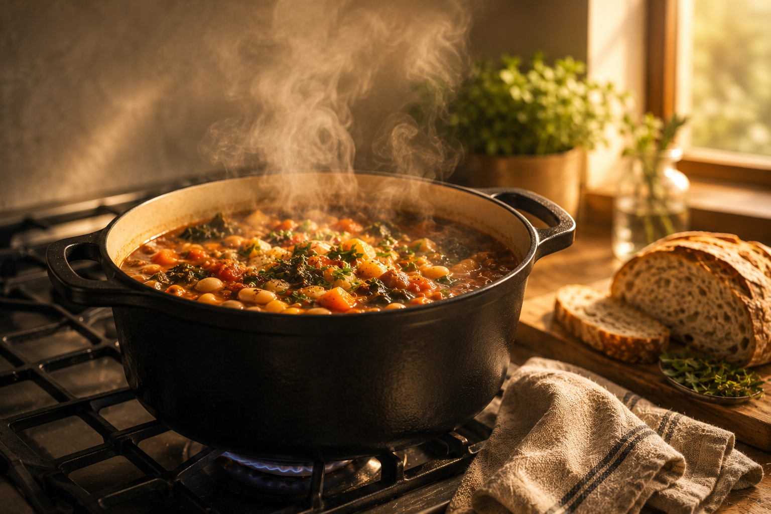 Warm kitchen scene with a simmering cast iron Dutch oven on a gas stove, shelf stable soup ingredients, rustic bread, linen cloth, and golden natural lighting for pantry cooking and food preparedness.