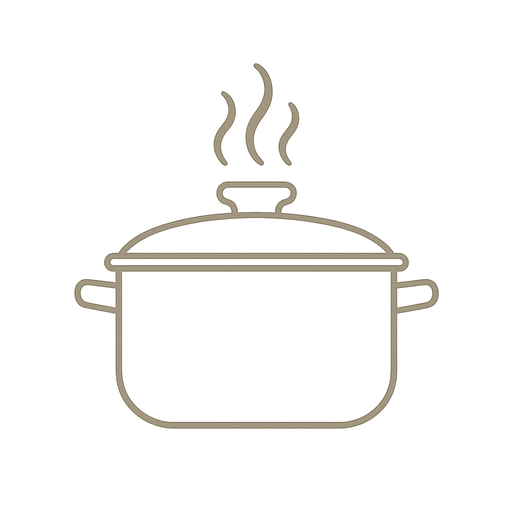 Minimal cream line icon of a steaming Dutch oven cooking pot for shelf stable cooking and pantry meal preparation.