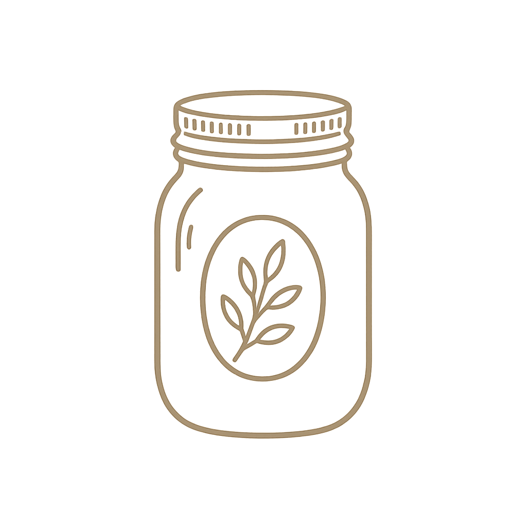 Minimal cream line icon of a mason jar symbolizing food preservation, shelf stable storage, and long-term preparedness.