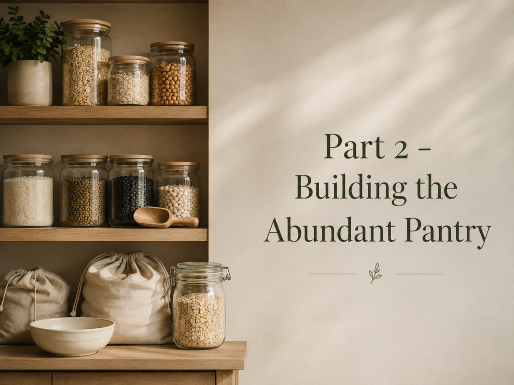 Minimal pantry storage scene with grains, jars, and shelf stable ingredients arranged in an elevated practical kitchen setting.