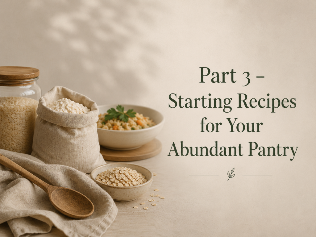 Cozy shelf stable cooking ingredients and simple meal preparation tools in a warm neutral kitchen environment for beginner pantry cooking.