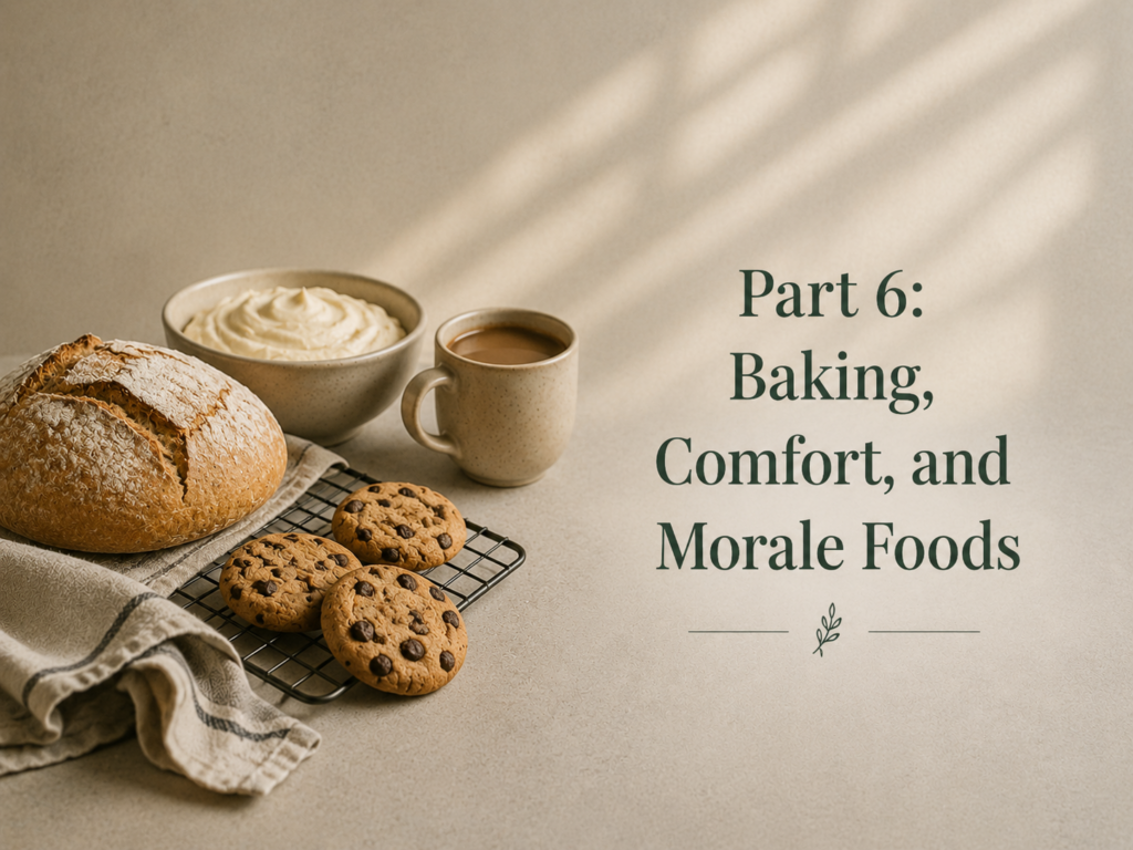 Warm comforting baking ingredients and soft kitchen textures styled in an elevated practical pantry cooking scene.