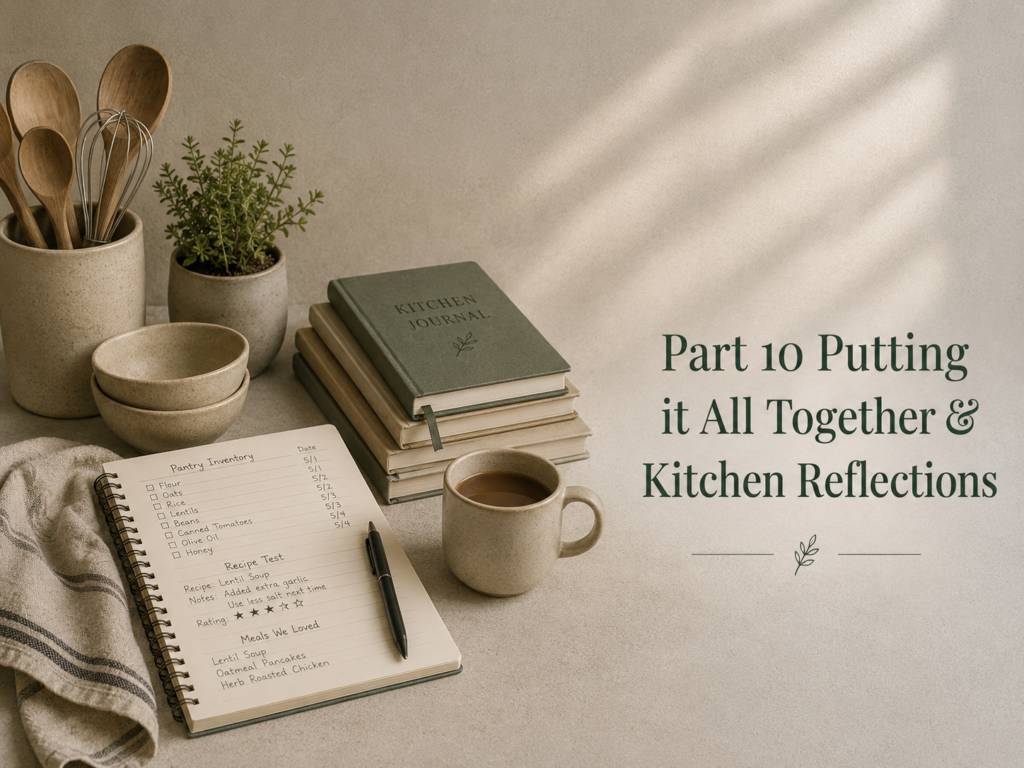 Cozy kitchen journaling scene with pantry inventory notes, recipe reflections, cookbooks, and warm neutral kitchen styling for practical preparedness living.