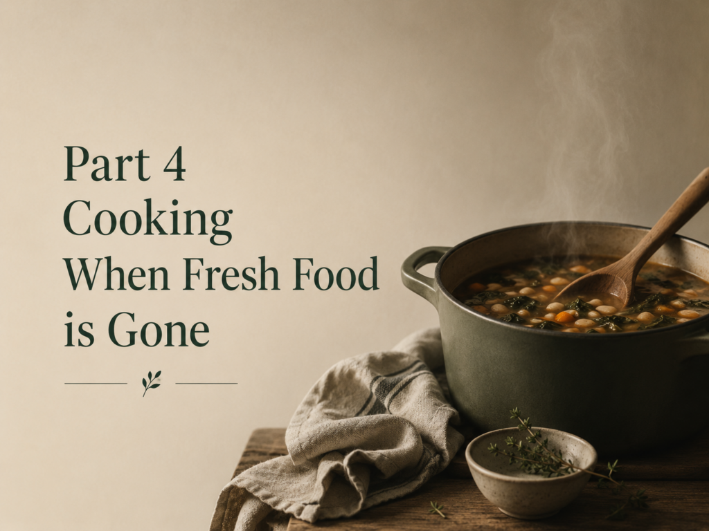 Simple one pot pantry cooking scene featuring shelf stable meal preparation in a warm and practical kitchen atmosphere.