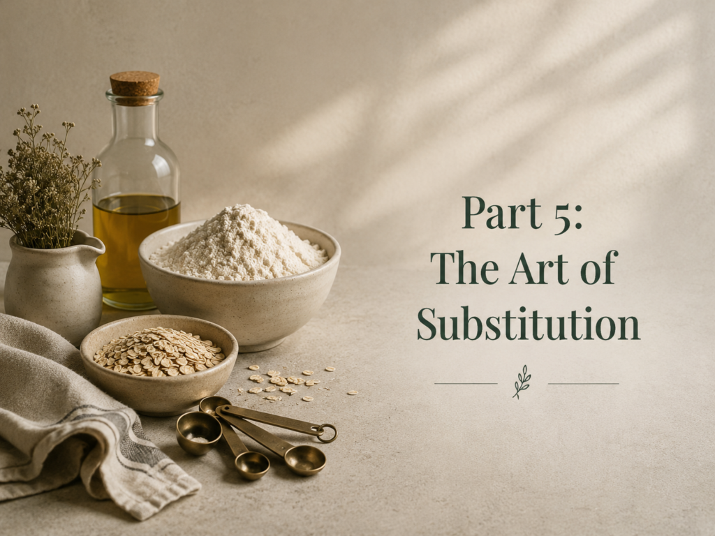 Flour, oats, oil, and measuring spoons arranged in a softly lit kitchen scene representing pantry substitutions and adaptive cooking methods.