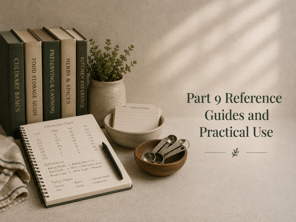 Kitchen reference books, measuring spoons, pantry conversion charts, and practical cooking notes arranged in a softly lit preparedness kitchen.
