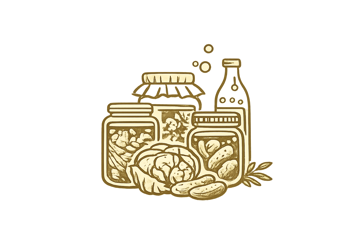 Fermented foods and cultures icon featuring jars of sauerkraut, pickles, cultured vegetables, and traditional fermented foods.