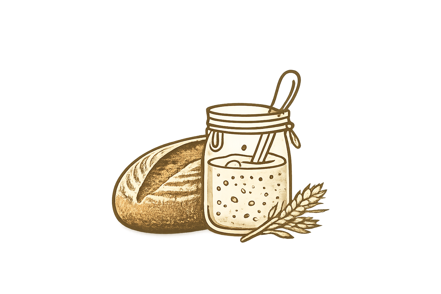 Sourdough starter care icon featuring a jar of active sourdough starter, artisan bread loaf, and wheat stalk.<br />
