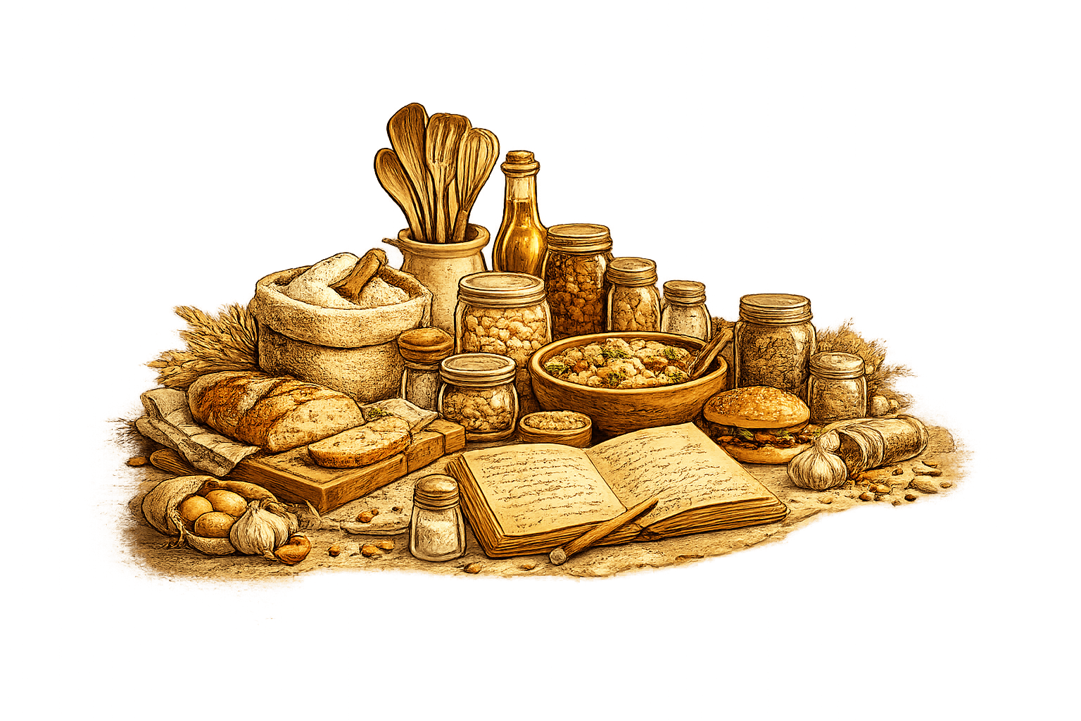 Food ingredients and cooking tools.