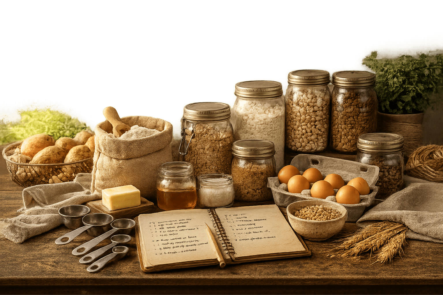 Shelf stable pantry ingredients including grains, beans, eggs, flour, honey, and baking essentials arranged for pantry cooking and everyday preparedness.