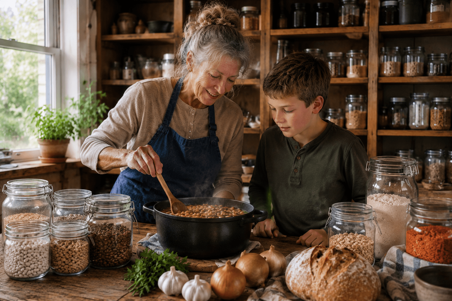 Grandmother teaching her grandson how to prepare a nourishing meal from pantry staples, passing on practical food storage and cooking skills.