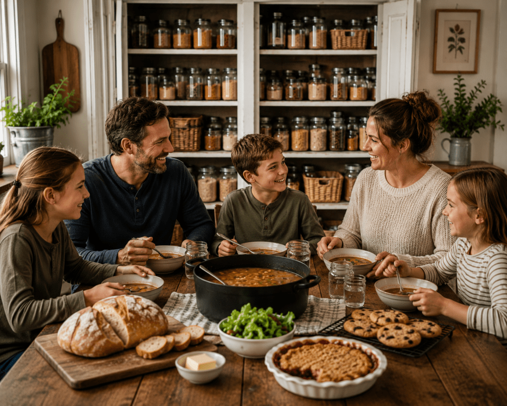 Family of five enjoying a homemade meal made from shelf stable pantry ingredients, with a well stocked pantry in the background featuring grains, beans, and food storage staples.