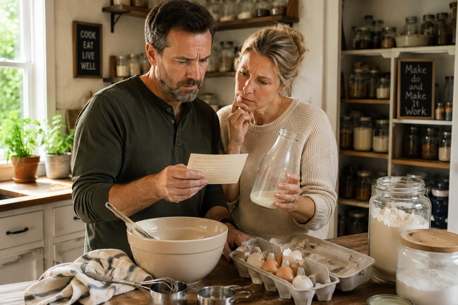Couple using emergency food substitutions and pantry ingredient swaps while cooking in a rustic farmhouse kitchen.