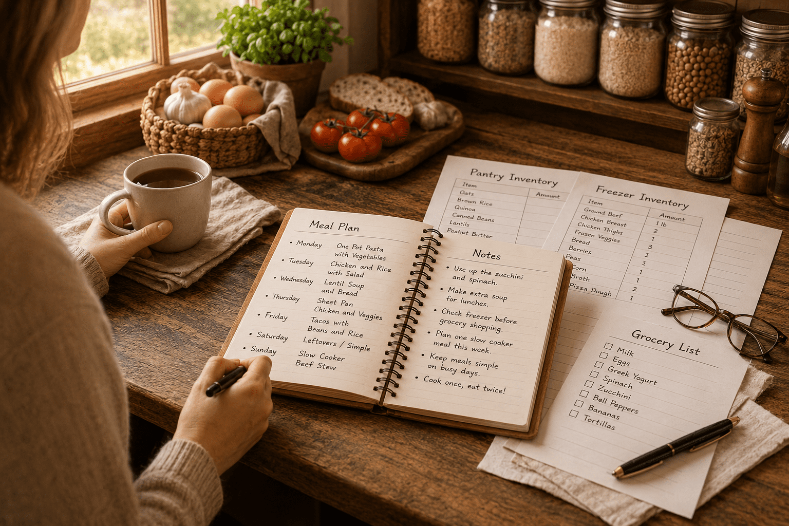 The Kitchen Companion for Real Life meal planning scene featuring a weekly meal planner, pantry inventory tracker, grocery list, organized pantry staples, and kitchen organization tools for everyday cooking.