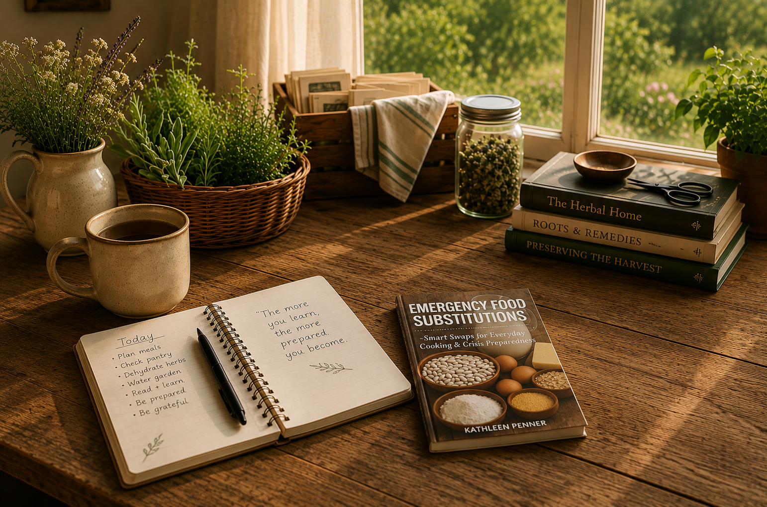 Emergency Food Substitutions Guide featuring ingredient swaps for baking, cooking, pantry staples, and emergency preparedness on a farmhouse kitchen table.