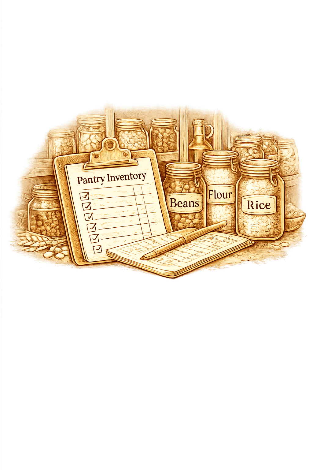 Kitchen Companion Planner pantry inventory illustration featuring organized pantry jars, inventory tracking sheets, food rotation tools, and shelf stable food storage.