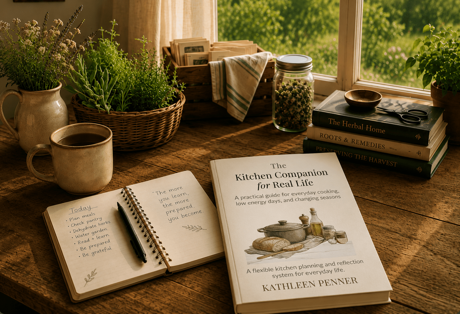 The Kitchen Companion Planner by Kathleen Penner, a meal planning and pantry management workbook displayed on a farmhouse kitchen table with herbs, books, and a notebook.