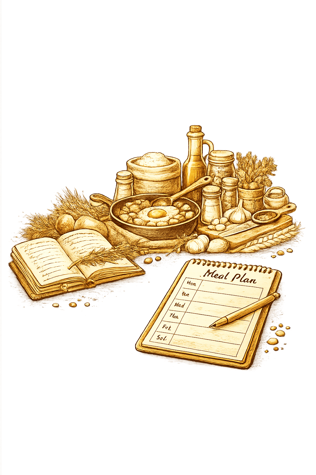 Kitchen Companion Planner pantry inventory illustration featuring organized pantry jars, inventory tracking sheets, food rotation tools, and shelf stable food storage.