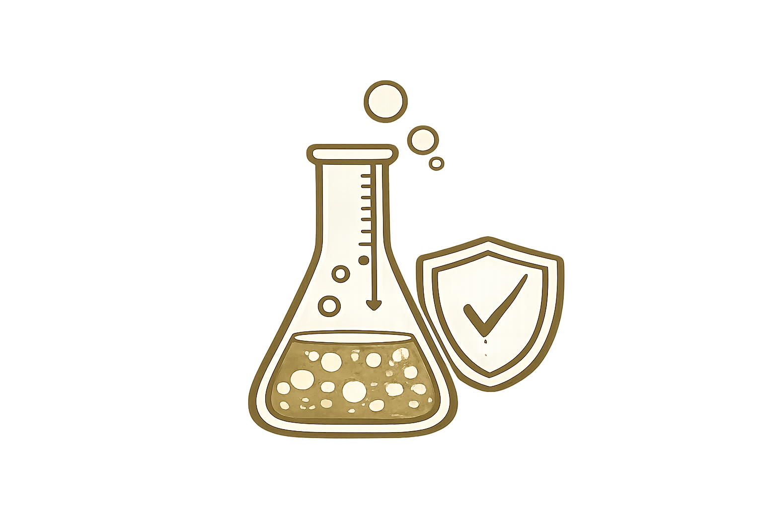 Fermentation science and safety icon featuring a laboratory flask, fermentation bubbles, and food safety shield.