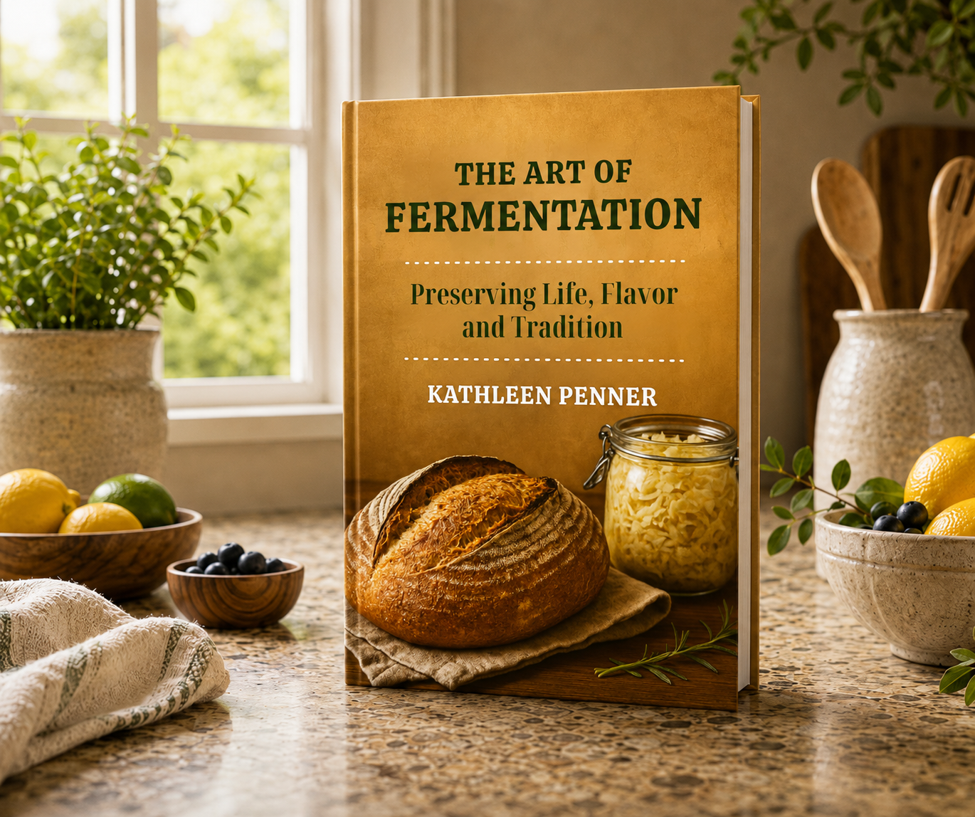 The Art of Fermentation book featuring sourdough bread, fermented foods, and food preservation techniques displayed in a rustic kitchen setting.