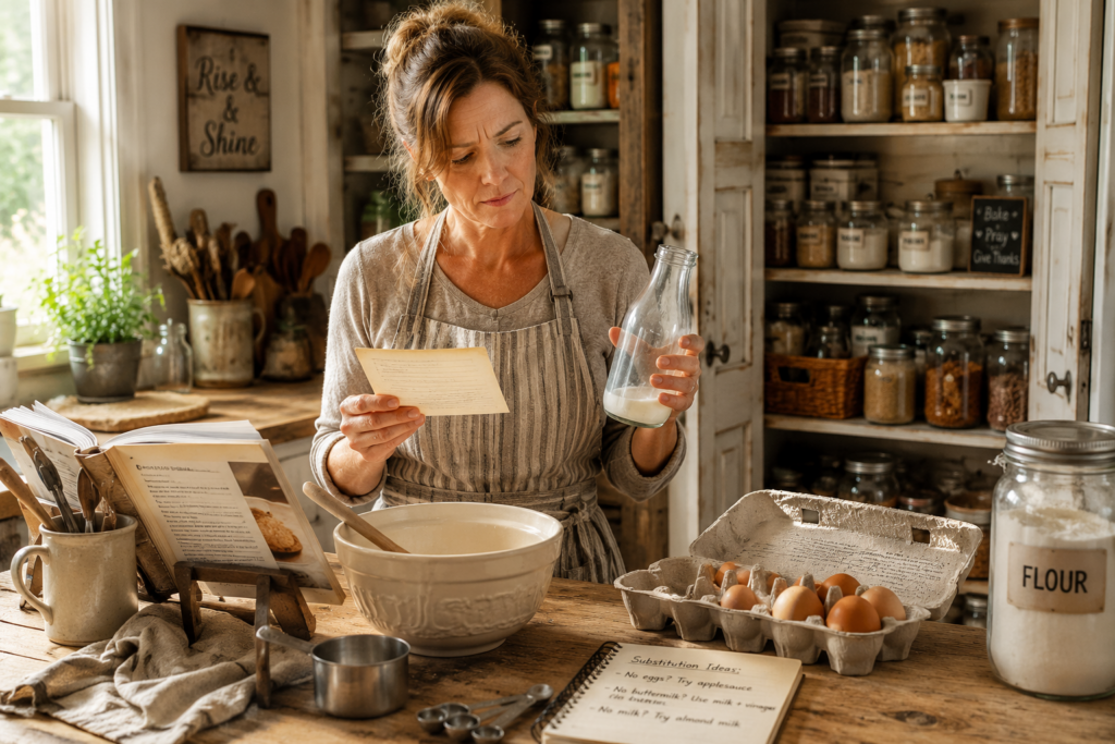 Woman using emergency food substitutions and pantry ingredient swaps while preparing a recipe in a rustic farmhouse kitchen.
