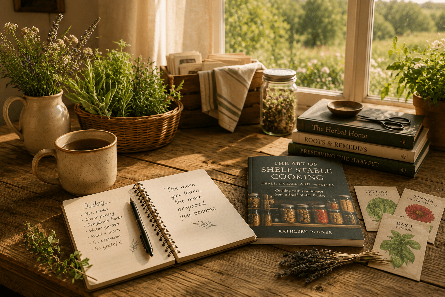 Art of Shelf Stable Cooking book mockup on a textured kitchen countertop with pantry ingredients, natural light, fresh lemons, greenery, and rustic kitchen styling by Kathleen Penner.
