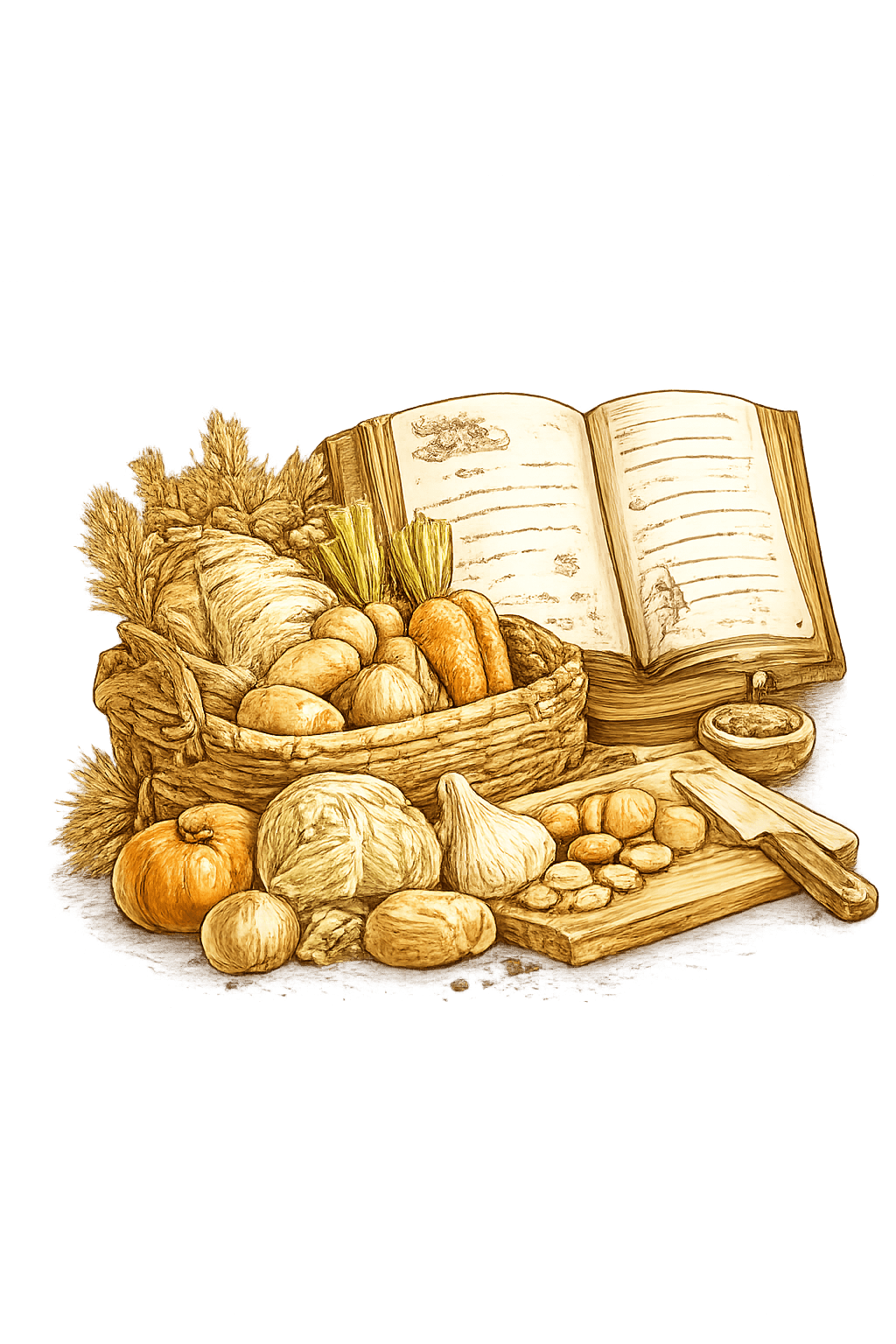 Seasonal cooking illustration from The Kitchen Companion Planner showing fresh vegetables, recipe planning, home cooking, meal preparation, and kitchen organization.