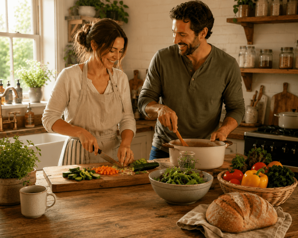 Couple cooking together in an organized farmhouse kitchen using fresh ingredients and pantry staples, illustrating meal planning, kitchen organization, food preparedness, and real life cooking.