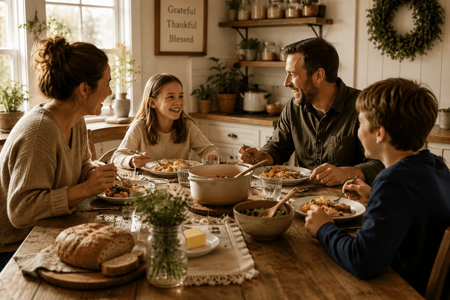 family around the table companion kitchen planner Companion, kitchen, planner, family, sitting around the table, farmhouse, kitchen, food, security, self reliance meal planning
