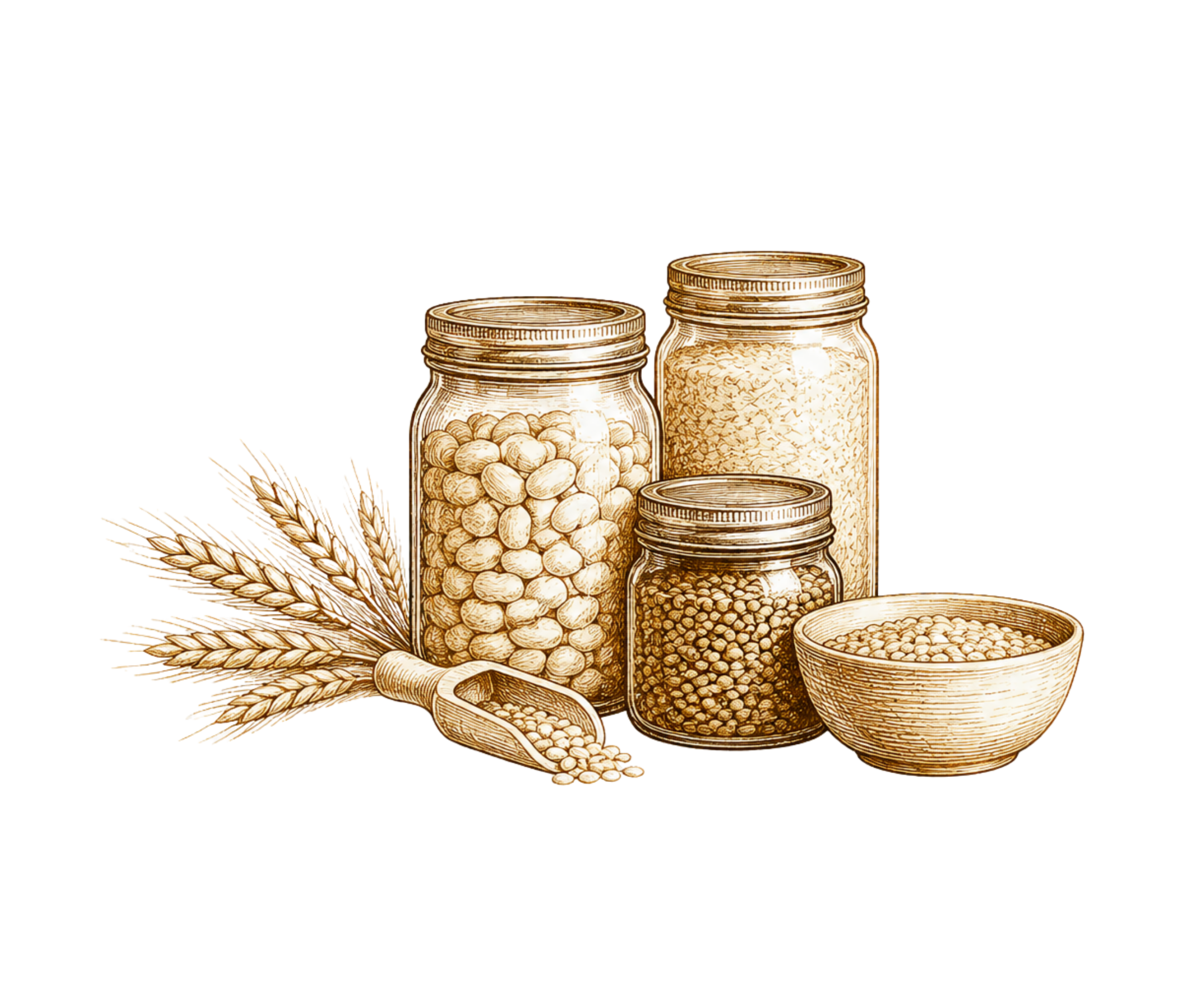 Vintage illustration of pantry staples in glass jars with grains, beans, and wheat, representing food security, self reliance, and long term food storage.